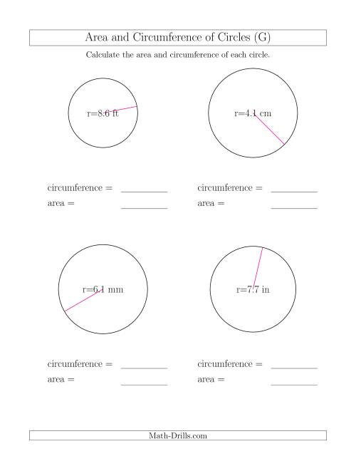 The Calculate Circumference and Area of Circles from Radius (G) Math Worksheet