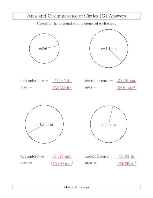 The Calculate Circumference and Area of Circles from Radius (G) Math Worksheet Page 2