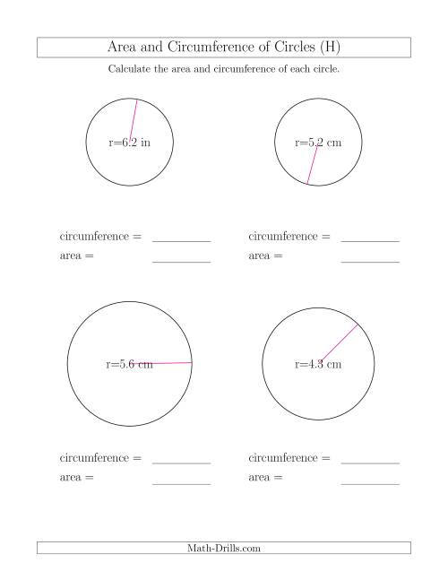 The Calculate Circumference and Area of Circles from Radius (H) Math Worksheet