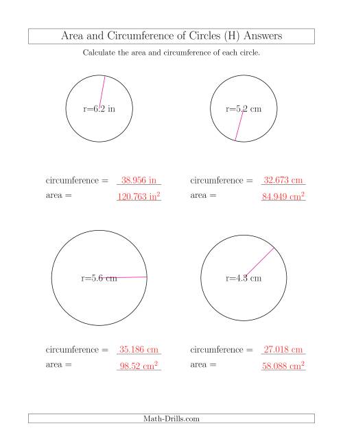 The Calculate Circumference and Area of Circles from Radius (H) Math Worksheet Page 2