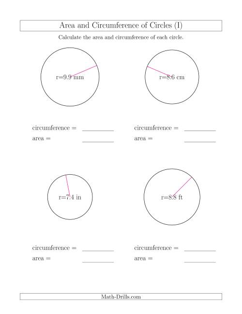 The Calculate Circumference and Area of Circles from Radius (I) Math Worksheet