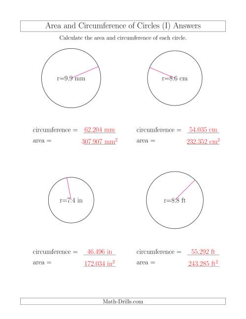 The Calculate Circumference and Area of Circles from Radius (I) Math Worksheet Page 2