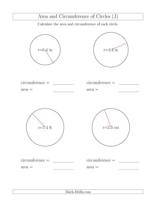 The Calculate Circumference and Area of Circles from Radius (J) Math Worksheet