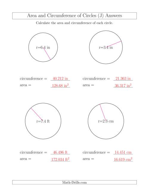 The Calculate Circumference and Area of Circles from Radius (J) Math Worksheet Page 2