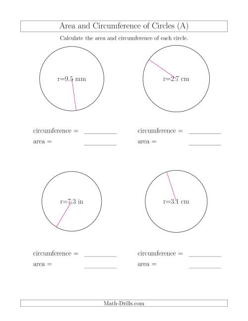 The Calculate Circumference and Area of Circles from Radius (All) Math Worksheet