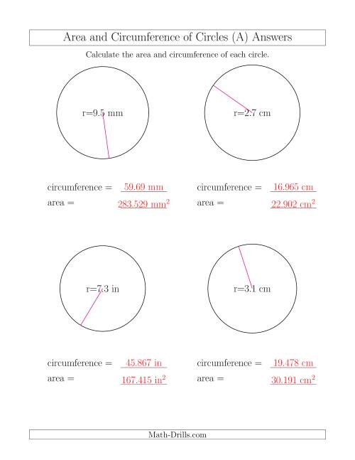 The Calculate Circumference and Area of Circles from Radius (All) Math Worksheet Page 2