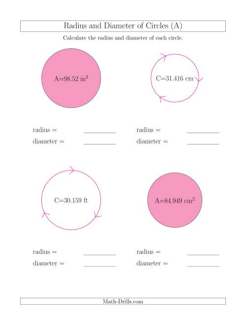 The Calculate Radius and Diameter of Circles (A) Math Worksheet