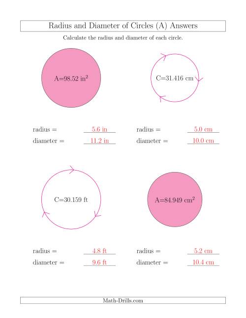 The Calculate Radius and Diameter of Circles (A) Math Worksheet Page 2