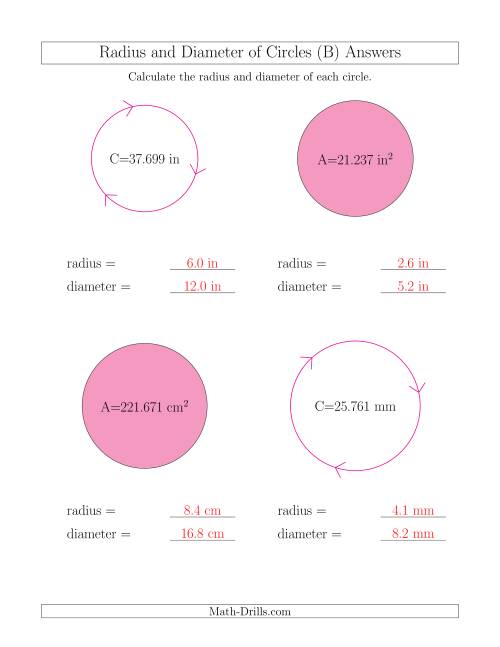 The Calculate Radius and Diameter of Circles (B) Math Worksheet Page 2