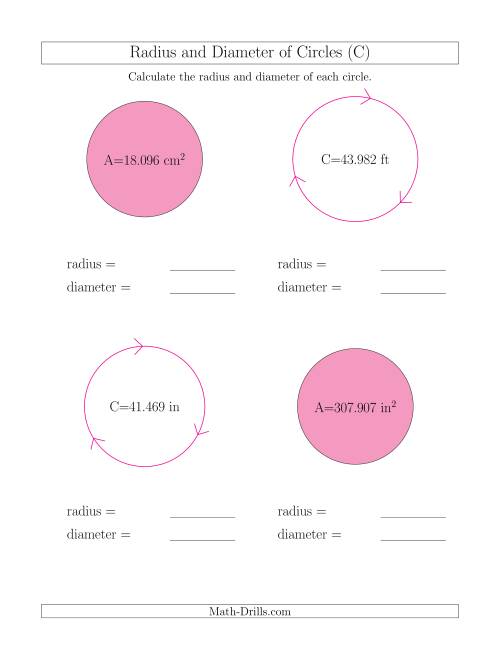 The Calculate Radius and Diameter of Circles (C) Math Worksheet