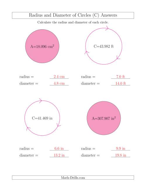 The Calculate Radius and Diameter of Circles (C) Math Worksheet Page 2