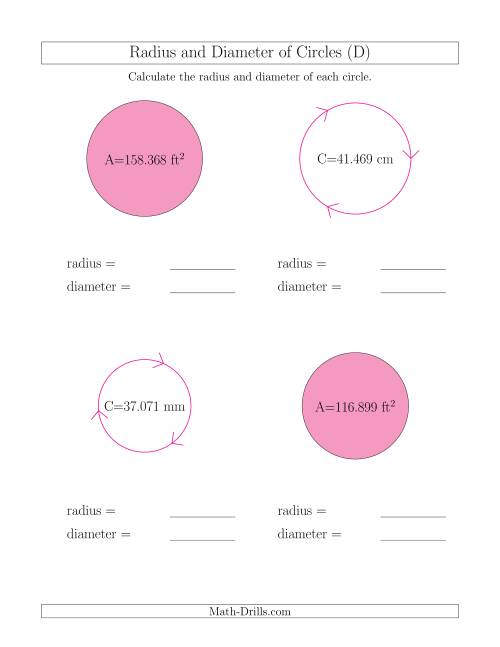 The Calculate Radius and Diameter of Circles (D) Math Worksheet