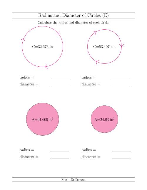 The Calculate Radius and Diameter of Circles (E) Math Worksheet