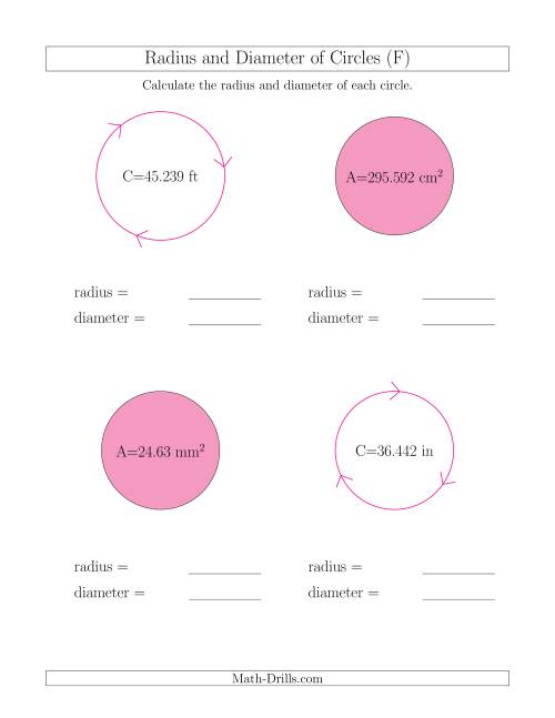 The Calculate Radius and Diameter of Circles (F) Math Worksheet