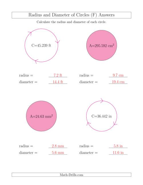 The Calculate Radius and Diameter of Circles (F) Math Worksheet Page 2