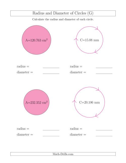 The Calculate Radius and Diameter of Circles (G) Math Worksheet