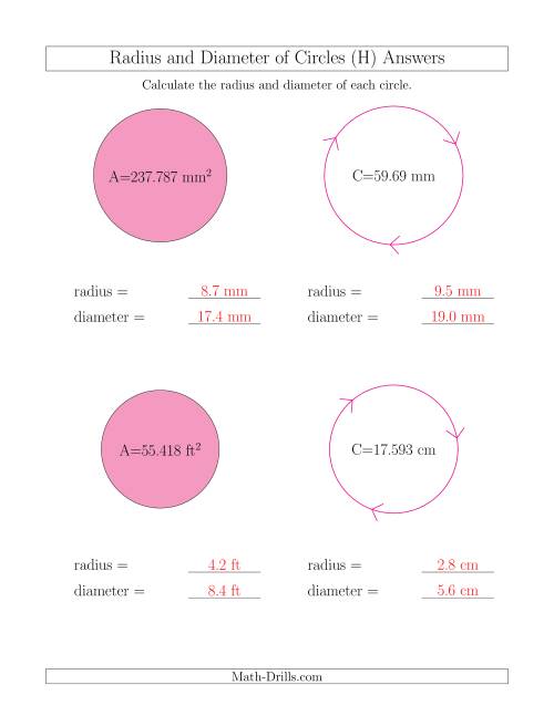 The Calculate Radius and Diameter of Circles (H) Math Worksheet Page 2