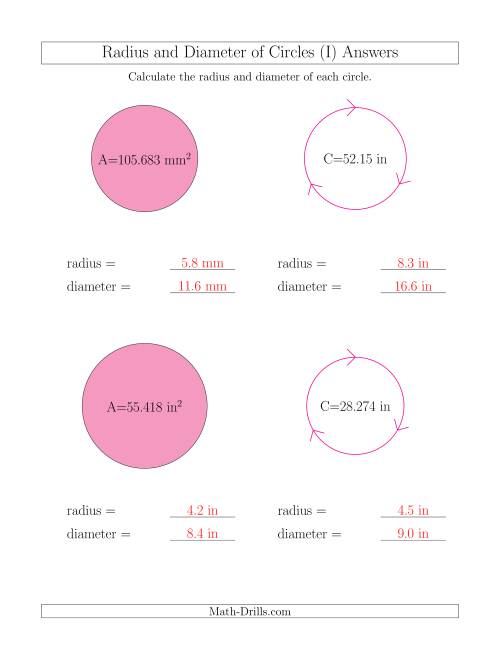 The Calculate Radius and Diameter of Circles (I) Math Worksheet Page 2