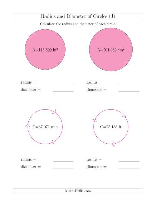 The Calculate Radius and Diameter of Circles (J) Math Worksheet