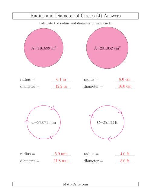 The Calculate Radius and Diameter of Circles (J) Math Worksheet Page 2