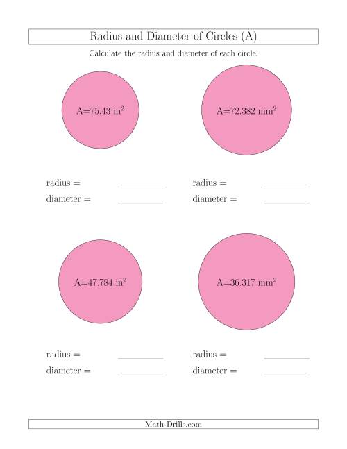 The Calculate Radius and Diameter of Circles from Area (A) Math Worksheet