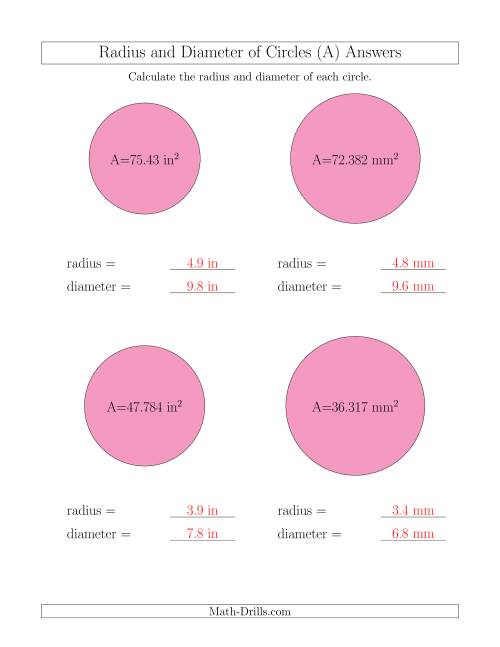The Calculate Radius and Diameter of Circles from Area (A) Math Worksheet Page 2