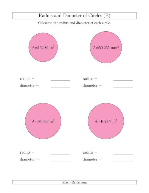 The Calculate Radius and Diameter of Circles from Area (B) Math Worksheet