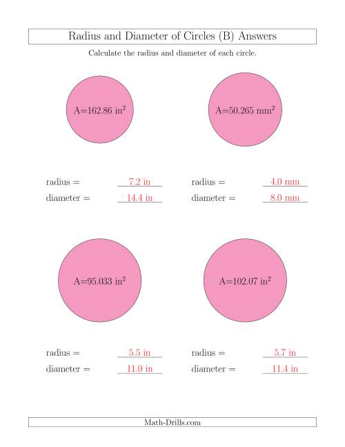 The Calculate Radius and Diameter of Circles from Area (B) Math Worksheet Page 2