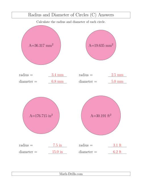 The Calculate Radius and Diameter of Circles from Area (C) Math Worksheet Page 2