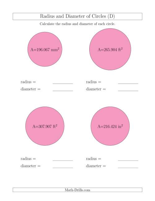 The Calculate Radius and Diameter of Circles from Area (D) Math Worksheet
