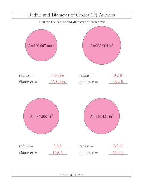 The Calculate Radius and Diameter of Circles from Area (D) Math Worksheet Page 2