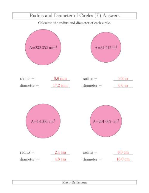 The Calculate Radius and Diameter of Circles from Area (E) Math Worksheet Page 2