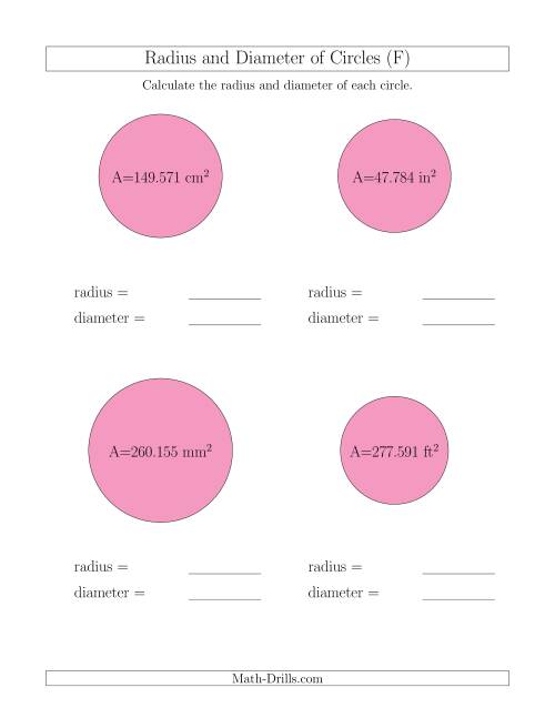 The Calculate Radius and Diameter of Circles from Area (F) Math Worksheet