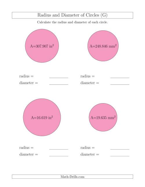 The Calculate Radius and Diameter of Circles from Area (G) Math Worksheet