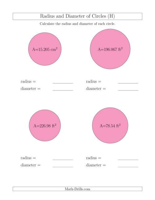The Calculate Radius and Diameter of Circles from Area (H) Math Worksheet
