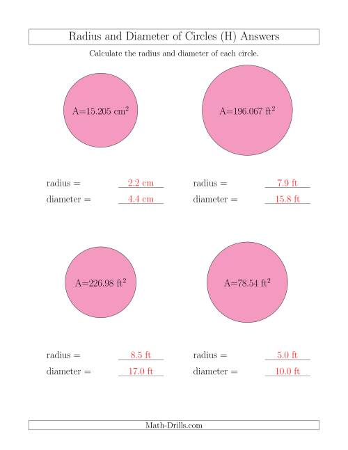 The Calculate Radius and Diameter of Circles from Area (H) Math Worksheet Page 2
