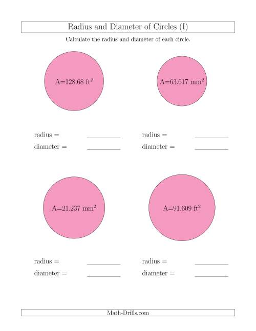 The Calculate Radius and Diameter of Circles from Area (I) Math Worksheet