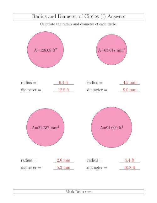 The Calculate Radius and Diameter of Circles from Area (I) Math Worksheet Page 2