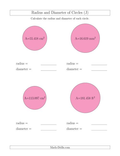 The Calculate Radius and Diameter of Circles from Area (J) Math Worksheet