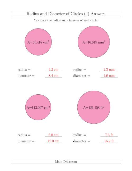 The Calculate Radius and Diameter of Circles from Area (J) Math Worksheet Page 2