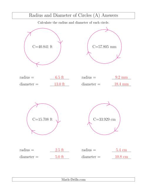 The Calculate Radius and Diameter of Circles from Circumference (A) Math Worksheet Page 2