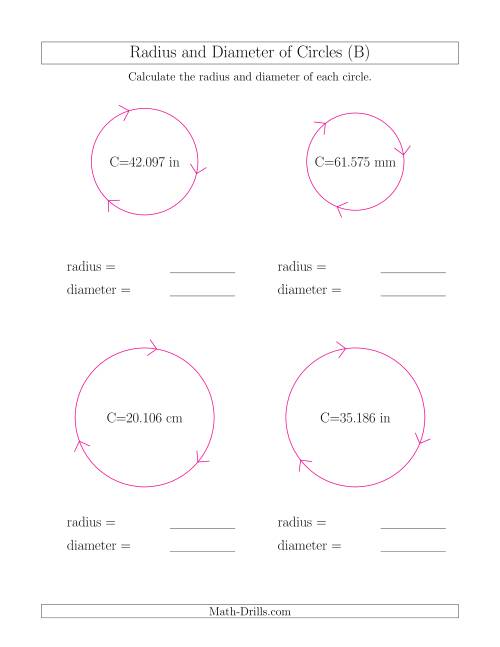 The Calculate Radius and Diameter of Circles from Circumference (B) Math Worksheet