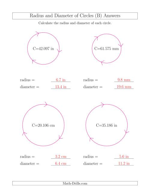 The Calculate Radius and Diameter of Circles from Circumference (B) Math Worksheet Page 2