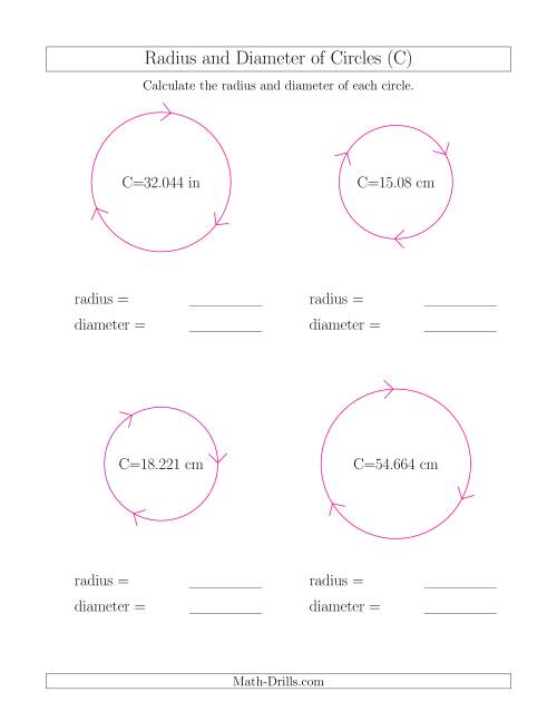 The Calculate Radius and Diameter of Circles from Circumference (C) Math Worksheet