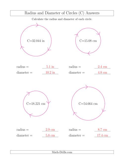 The Calculate Radius and Diameter of Circles from Circumference (C) Math Worksheet Page 2