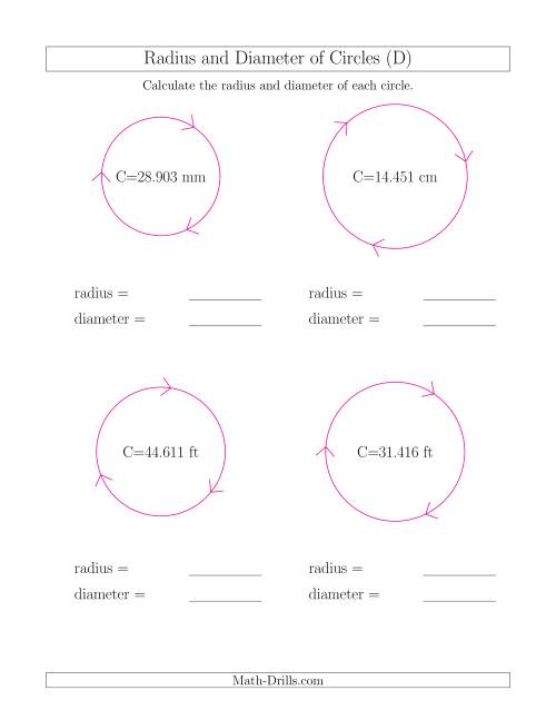 The Calculate Radius and Diameter of Circles from Circumference (D) Math Worksheet