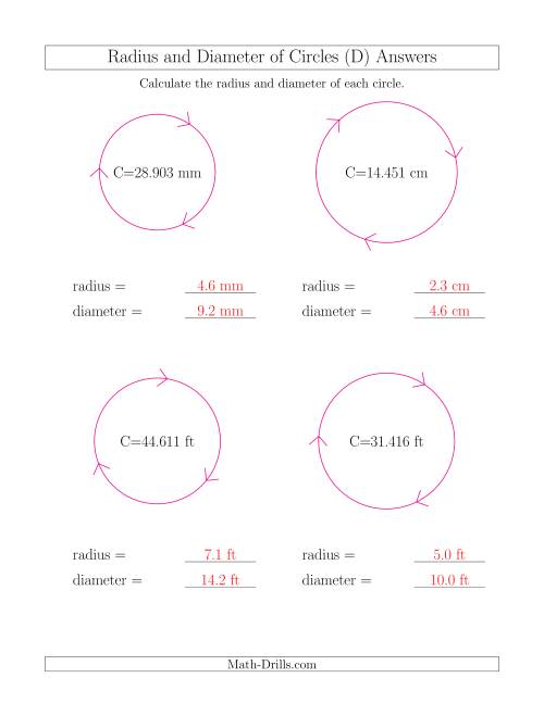 The Calculate Radius and Diameter of Circles from Circumference (D) Math Worksheet Page 2