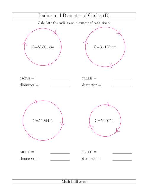 The Calculate Radius and Diameter of Circles from Circumference (E) Math Worksheet