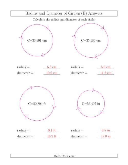 The Calculate Radius and Diameter of Circles from Circumference (E) Math Worksheet Page 2