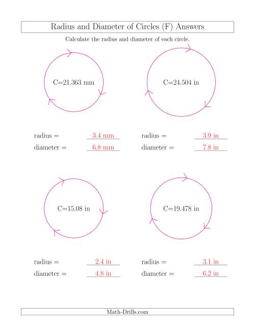 The Calculate Radius and Diameter of Circles from Circumference (F) Math Worksheet Page 2